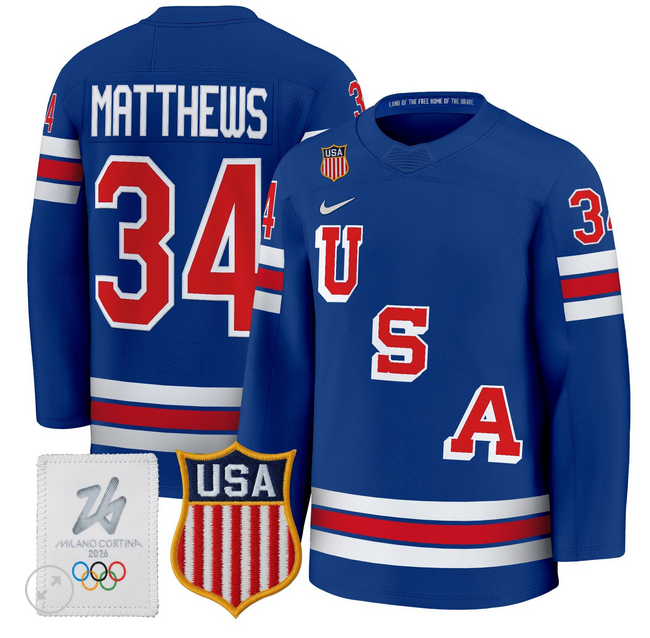 Men 2026 USA Olympic #34 Auston Matthews blue NHL Jersey